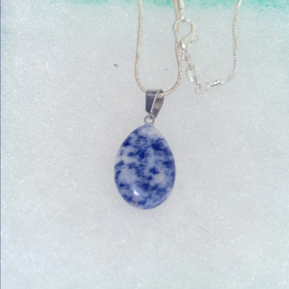 Blue and White Sodalite Sterling Silver Necklace 16”